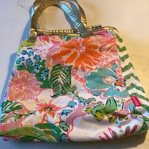 Lilly Pulitzer Target Tote Bag Nosie Posie Gold Handle 24”